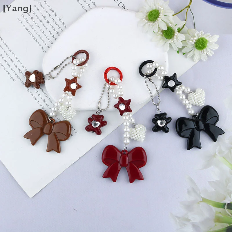 Cute Little Bear Pearl Heart Bow Key Ring Sweet Versatile Keychain Charm Trendy Bag Pendant Backpack Hanging Decoration Gifts