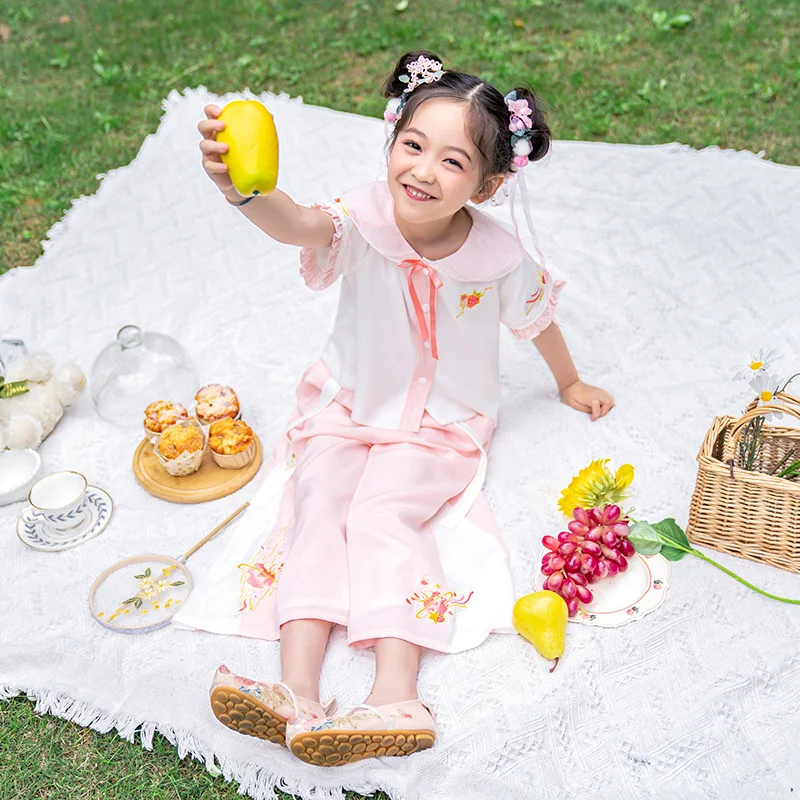 Spring girls' set sweet Chinese style children's set improved cute embroidery two piece set