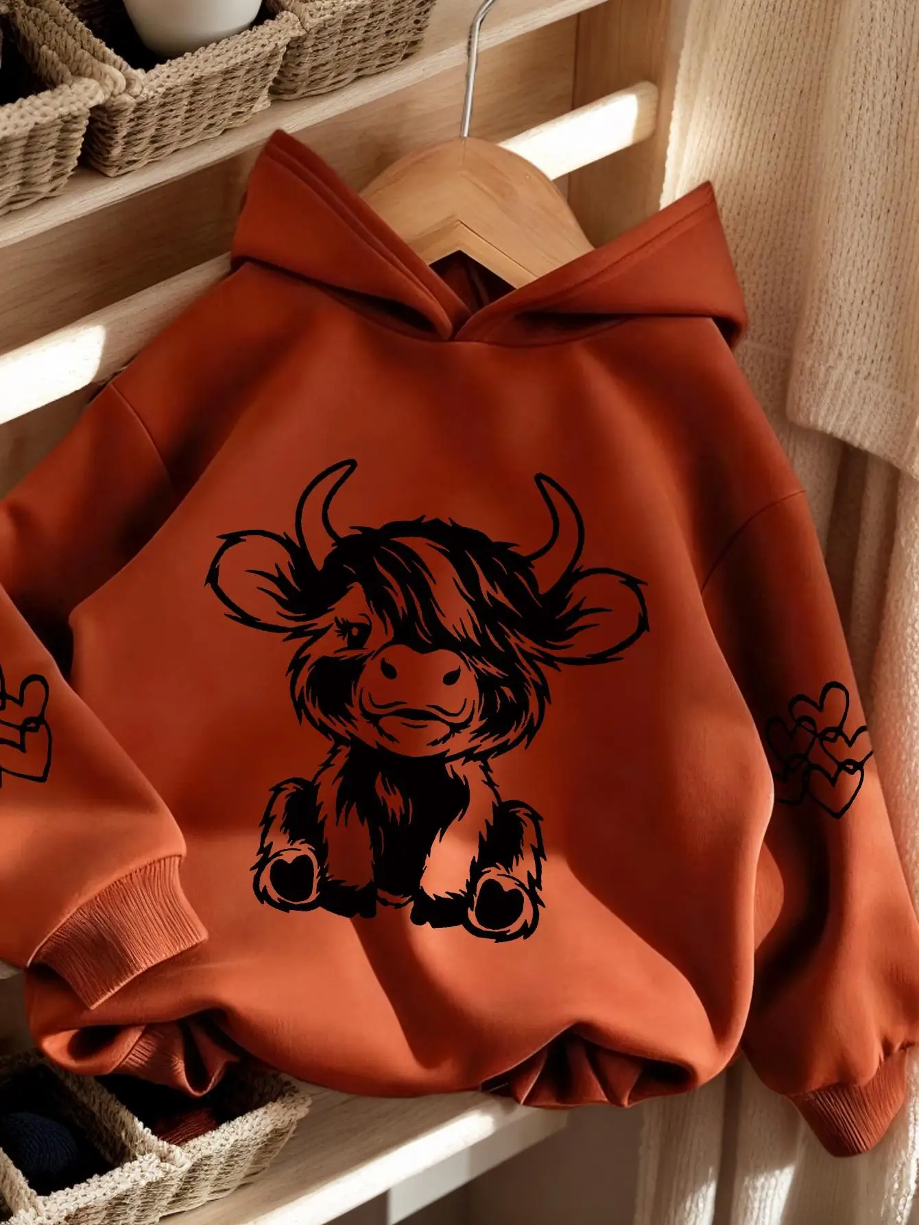 

Rust Orange Kids Hoodie with Cute Highland Cattle Print, Long Sleeve, Soft Plush Fabric