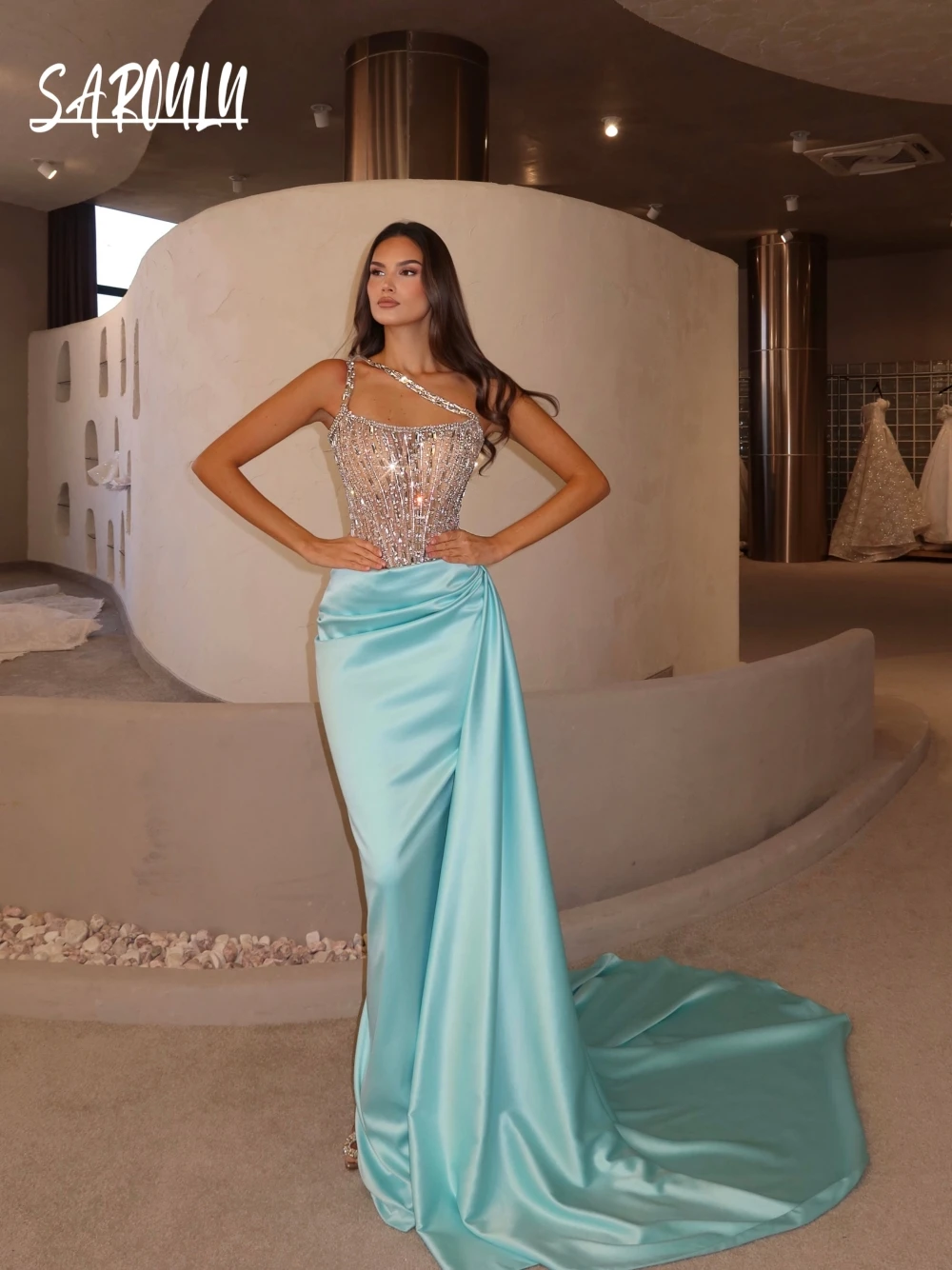 

Dazzling Corset Asymmetrical Neckline Evening Dress Elegant Mermaid Prom Gown Stunning Crystals Customized Sweet Cocktail Wear
