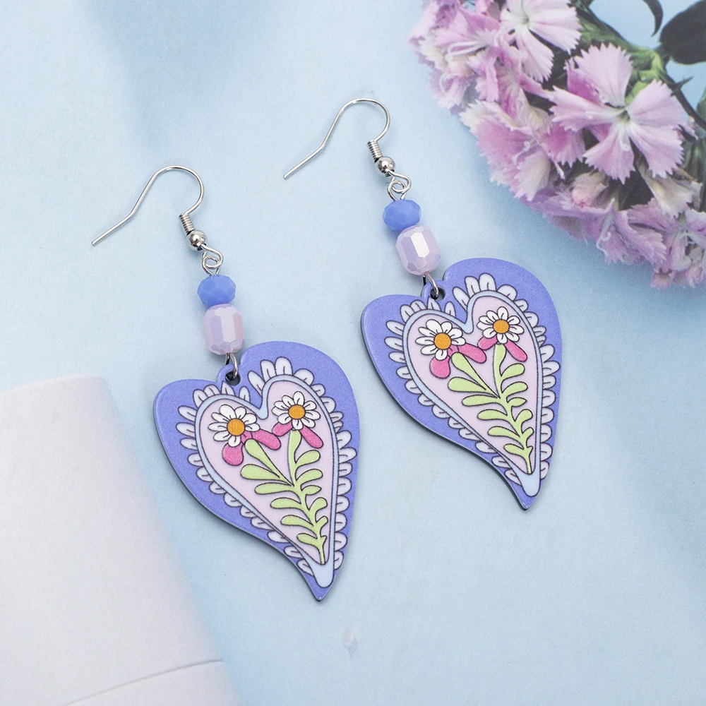 New Fashion Blue Acrylic Flower Relievo Printing Heart Earrings For Women Vintage Style Cute Valentine\'s Day Gift Girls Jewelry