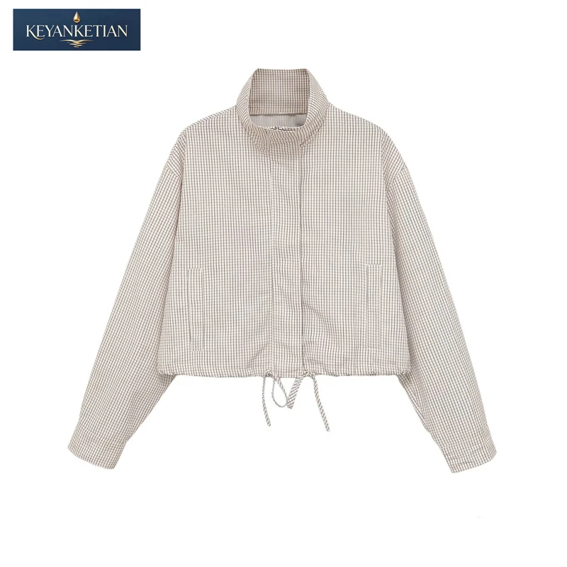 

KEYANKETIAN 2026 Streetwear Grid Cropped Windbreaker Casual Stand Collar Jacket Drawstring Waist Relaxed Silhouette Short Coat