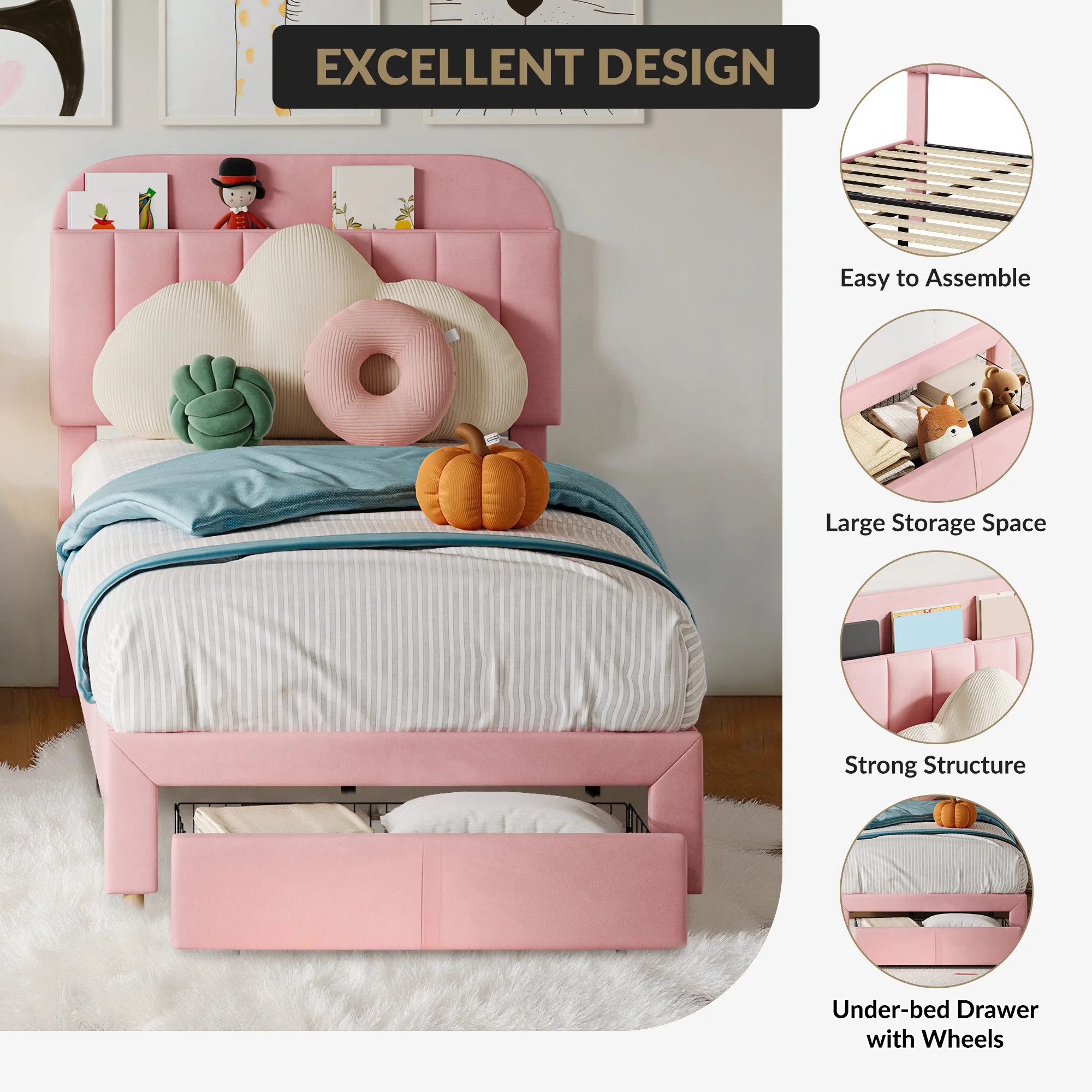 Kids Twin Bed Frame with Bookcase Headboard & Storage Drawer – Suede Upholstered Platform Bed – Noise-Free, No Box Spring Needed, Easy Assembly – Bedroom Furniture