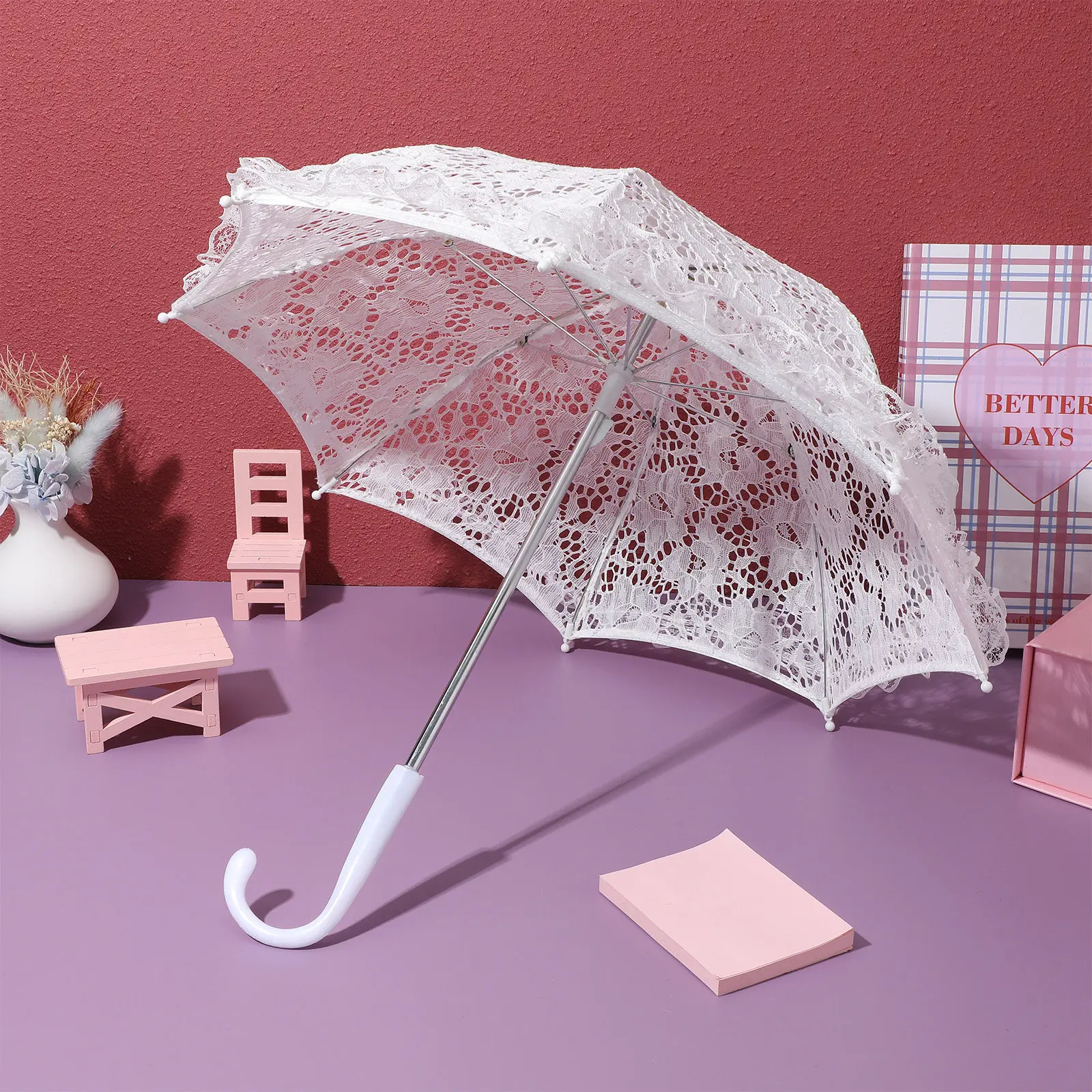 White Lace Parasol Umbrella Elegant Romantic Decorative Prop for Bride Wedding Photo Shoot Festival Shower Party