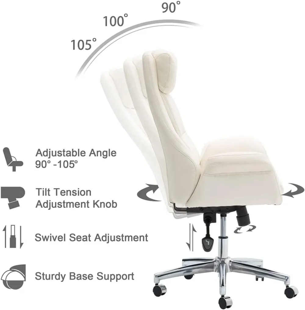 Kursi kantor belakang tinggi rumah kulit, kursi meja putar dapat diatur dengan lengan, Krim