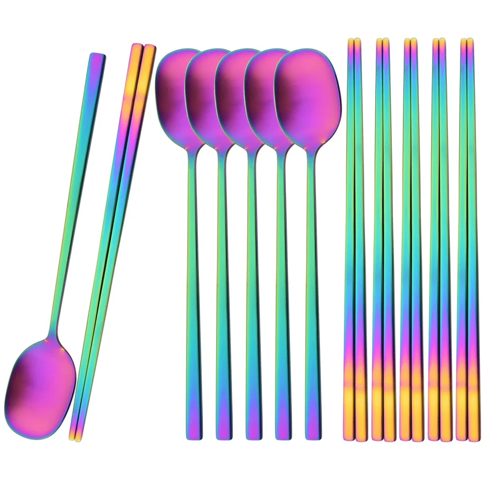 

Rainbow Dinnerware Set 12pcs Matte Kitchen Tableware Set High Quality Stainless Steel Cutlery Set Chopsticks Spoons Flatware Set
