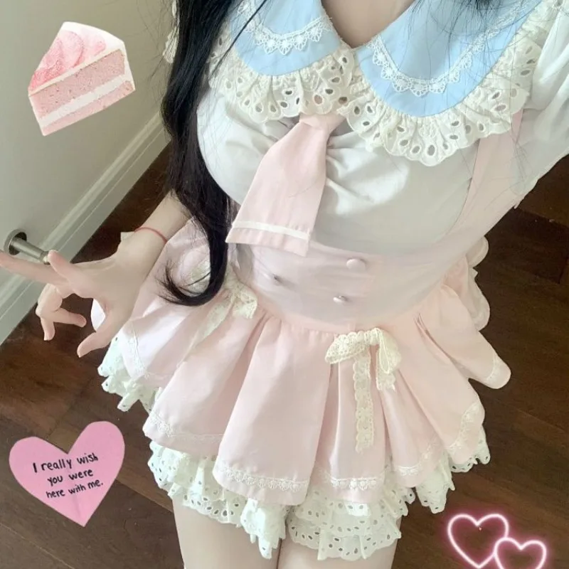 Japanese Fresh Sweet Lolita Summer 2024 Patchwork Button Bow Lace Slim Fashion Elegant Comfortable Sleeveless Camisole Dresses