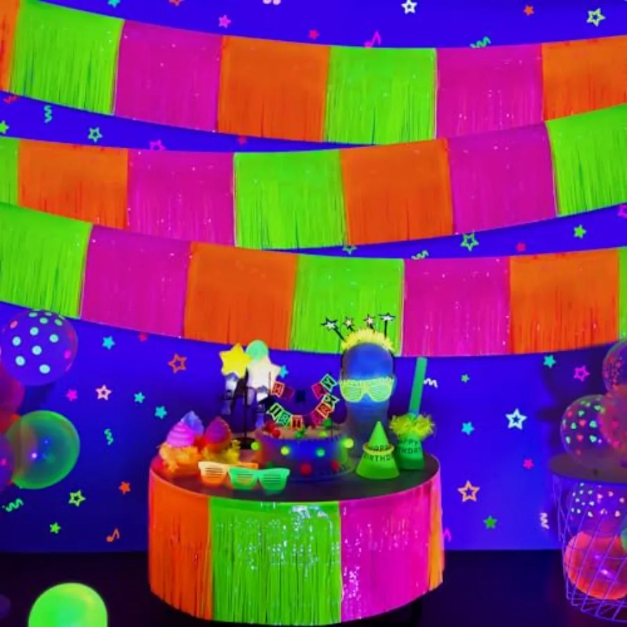 Mega-L Artículos de Fiesta que Brillan en la Oscuridad, Paquete de 4 Guirnaldas de Flecos Metálicos para Decoración de Fiestas de Cumpleaños, 9.8 Pies, Naranja, Amarillo y Fucsia