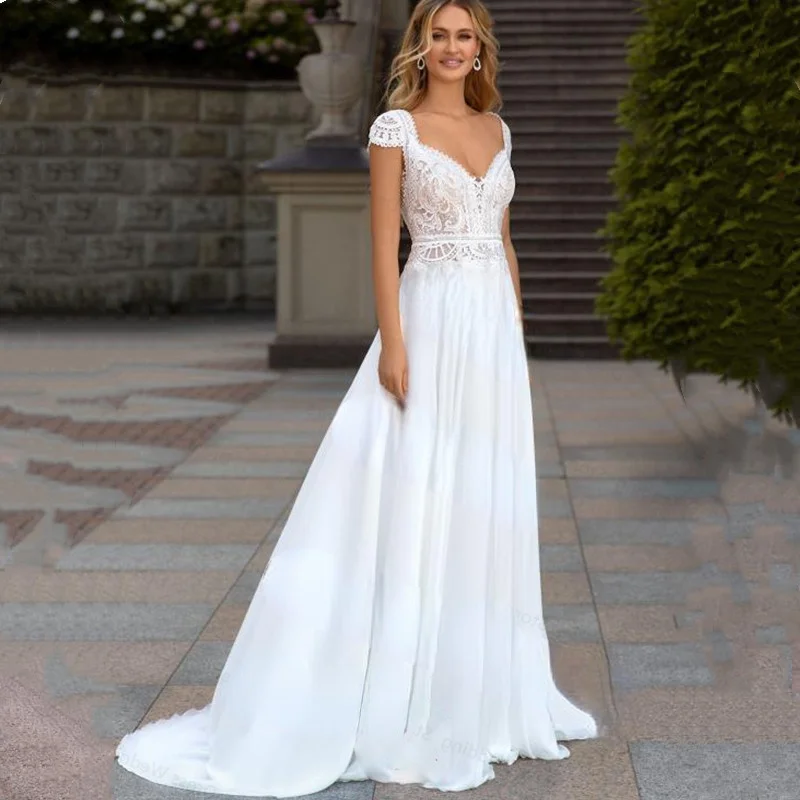 Boho Lace Chiffon V-Neck Wedding Dresses 2022 Backless Beach Bride Dress Cap Sleeve Sweep Train Bohemian Robe De Mariee A Line