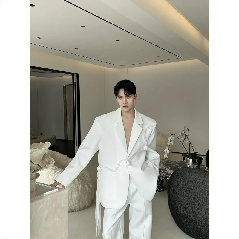 

Мужской костюм-тройка Весна 2026 с декоративным 3D-цветком розы, повседневный, свободного кроя, на одной пуговице, однотонный