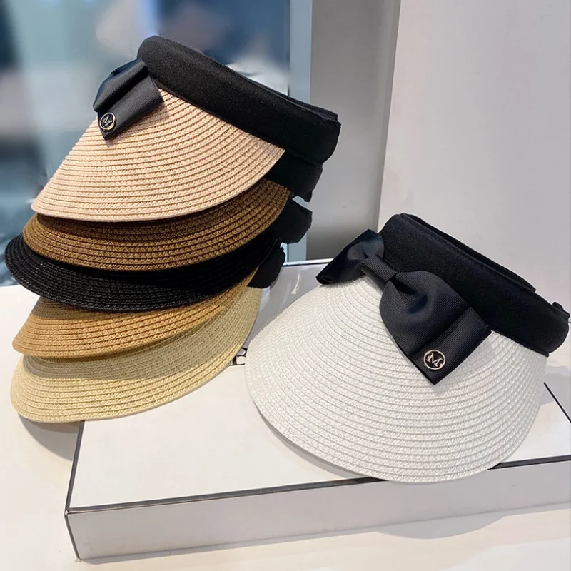 

New summer straw sun hat for women, outdoor travel, beach, UV protection, cycling, wide brim, bow tie brim hat