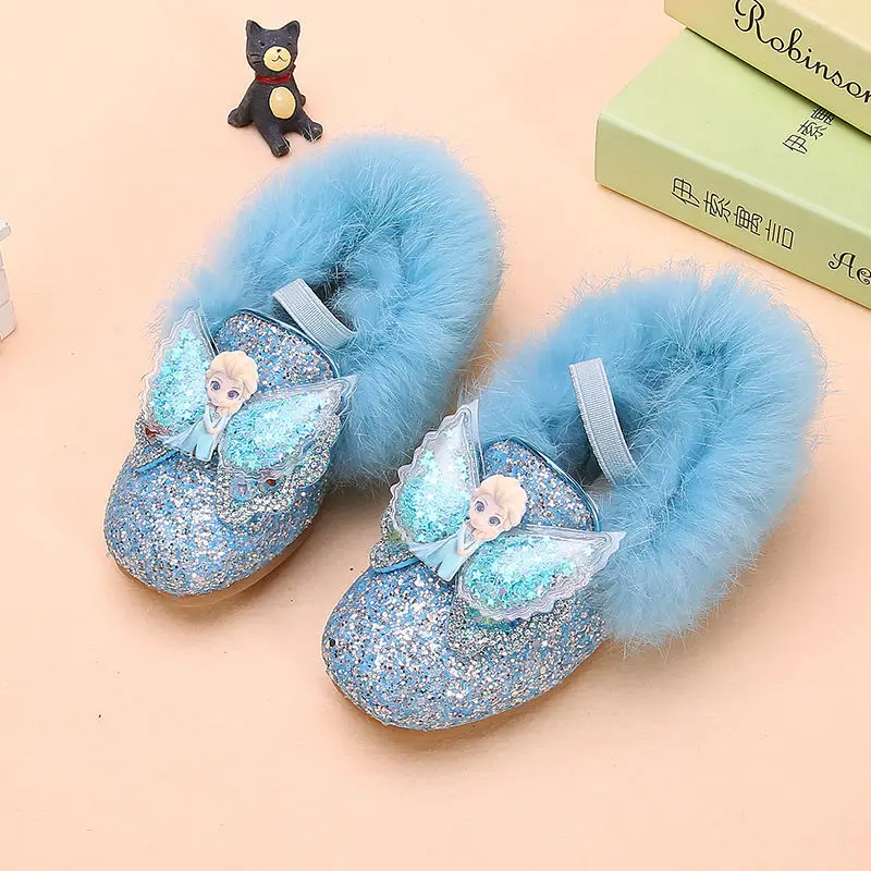 Disney Girls\' Shoes Plush Winter Casual Shoes Sequins Elsa Princess Shoes girls\' Cotton Shoes Soft Soles Flats Pink Blue Shoes