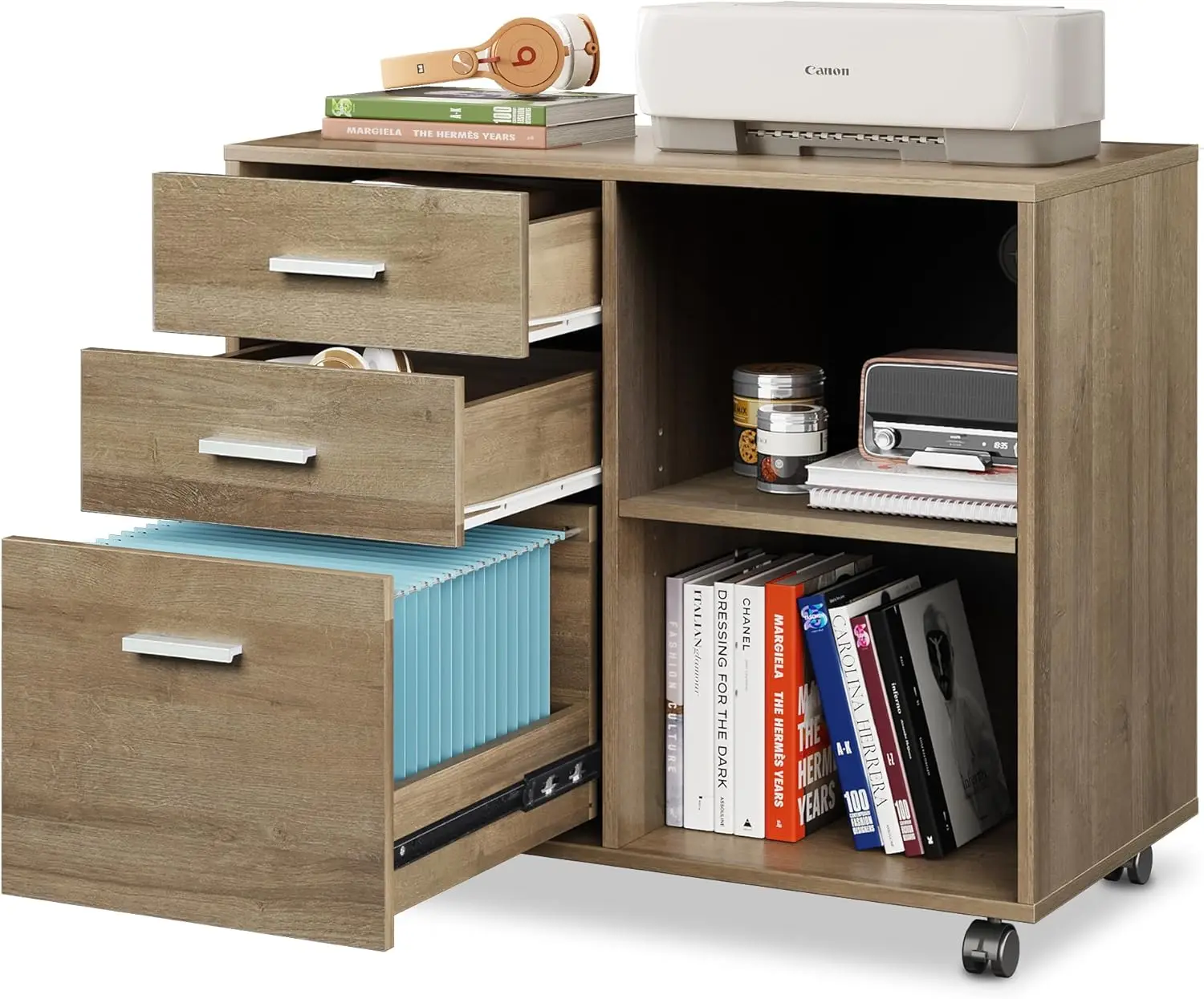 3-Drawer wooden filing cabinet, mobile horizontal filing cabinet, printer rack with open storage rack for home office