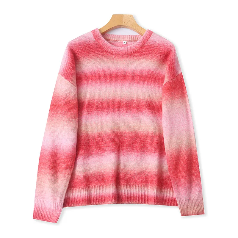 

Свободный вязаный свитер с круглым вырезом и градиентной расцветкой для женщин, осенне-зимний модный теплый топ, удобный свободный крой