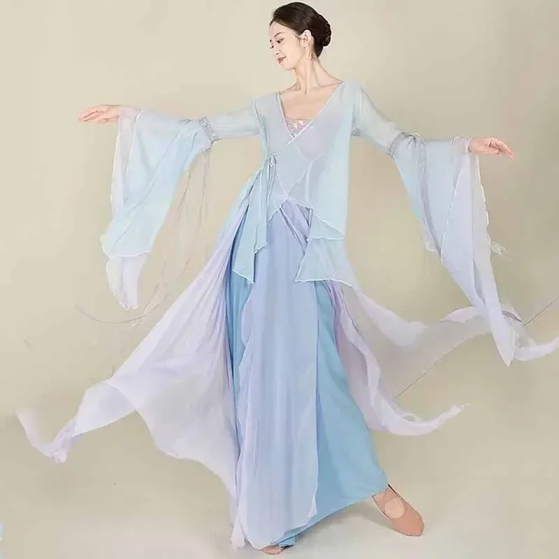 Klassische Tänzerin-Performance-Kostüme, Chiffon-Strickjacke, Übungstanzkleidung, Körperreim, lange äußere Volkstanz im chinesischen Stil