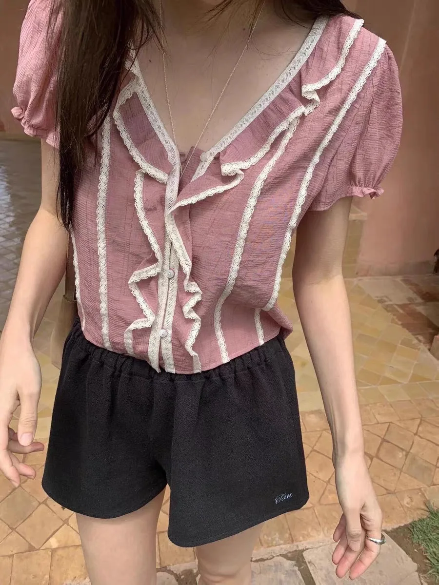 

Sweet Style Shirt And Shorts Set with Ruffle Hem V-Neck Short Sleeve Women's Breathable Cotton Polyester Blend Summer Outfit