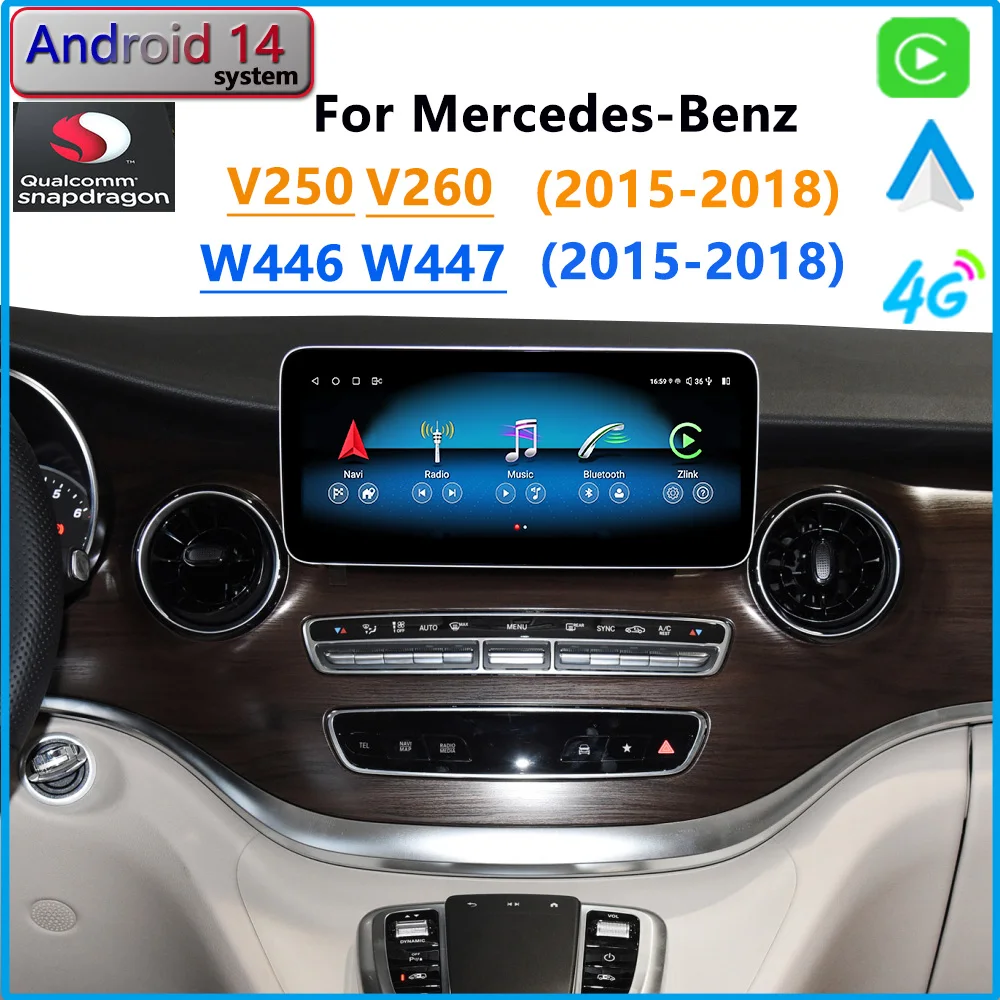 W447 Android 14 Qualcomm For Mercedes Benz V-Klasse 639 V260 V250 2015 CarPlay GPS Navigation Car Radio Multimedia Player Screen