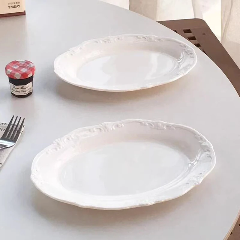 9.5 Inch Relief Ceramic Plate New Household Exquisite Aesthetic Dinner Tableware European Style Vintage Floral Shape Fish Plate
