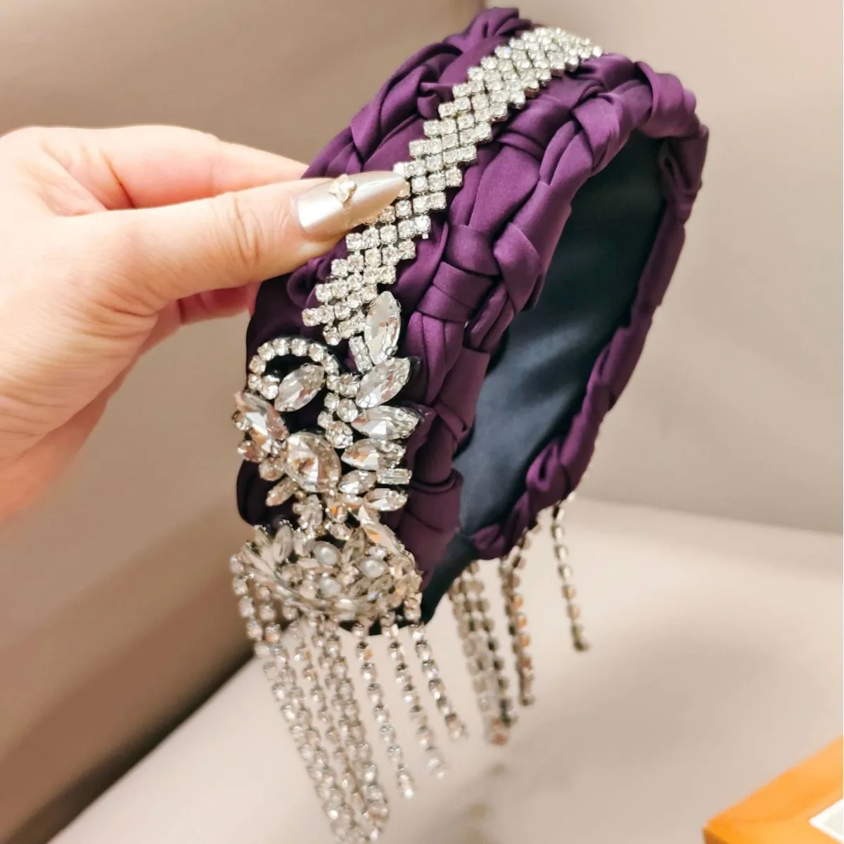 Hot Sale Heavy Craft Rhinestones Tassels Braided Hairband High-end Luxury Wide Hair Accessory for Women