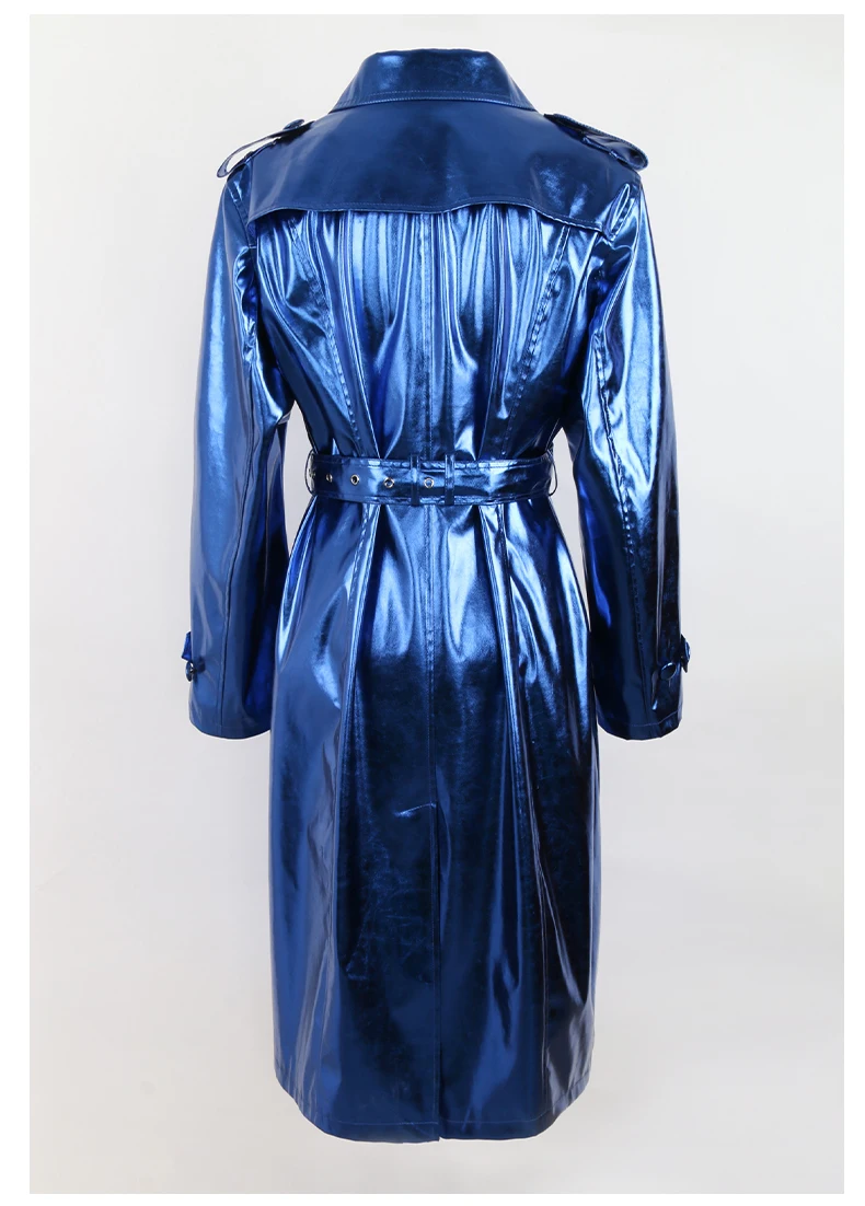 Nerazzurri Spring Autumn Long Shiny Reflective Patent Leather Trench Coat for Women Sashes Double Breasted European Fashion 2022