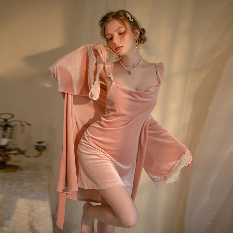 Winter Velvet Sexy Nightgown 2 Piece Fanstic Romantic Sleepwear Set V-Neck Ladies Full Slip Nightdress With Robe Home Wear