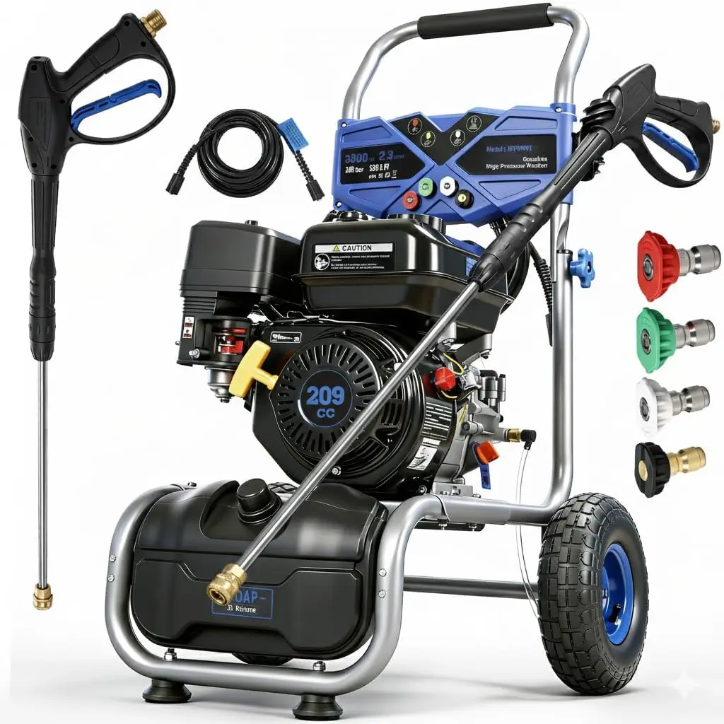 

Navy 209CC 4 Stroke Engine 3500PSI 2.3GPM Gas Pressure Washer 25FT Hose Soap Tank 4 Quick Connect Nozzles Driveways Decks Cars