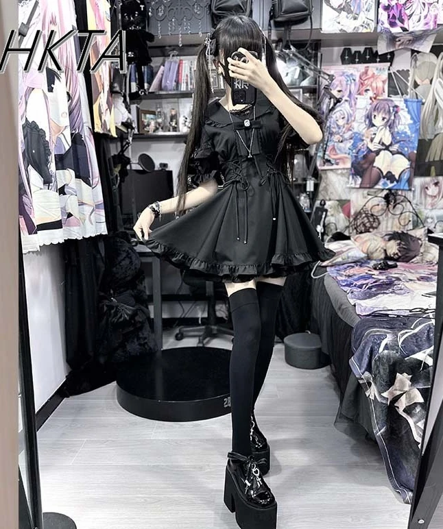 

Lace Stitching Sailor Collar Short Sleeve Bow Tie Lolita Black Dress Short Set Female Dark Black Commuter Slim Fit Dress Women