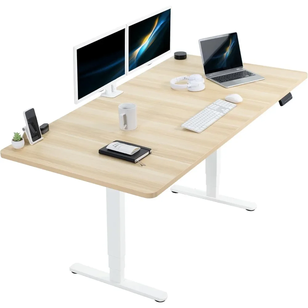 

Electric Height Adjustable 71 x 36 inch Memory Stand Up Desk, Light Wood Table Top, White Dual Motor Frame，Preset Controller