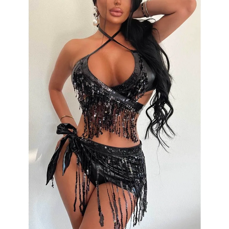 

Women's Costume Sequin Tassel Rave Outfit Nightclub Bar Pole Dance Wear Stage Performance Halter Bikini Silver Gold Black Suit