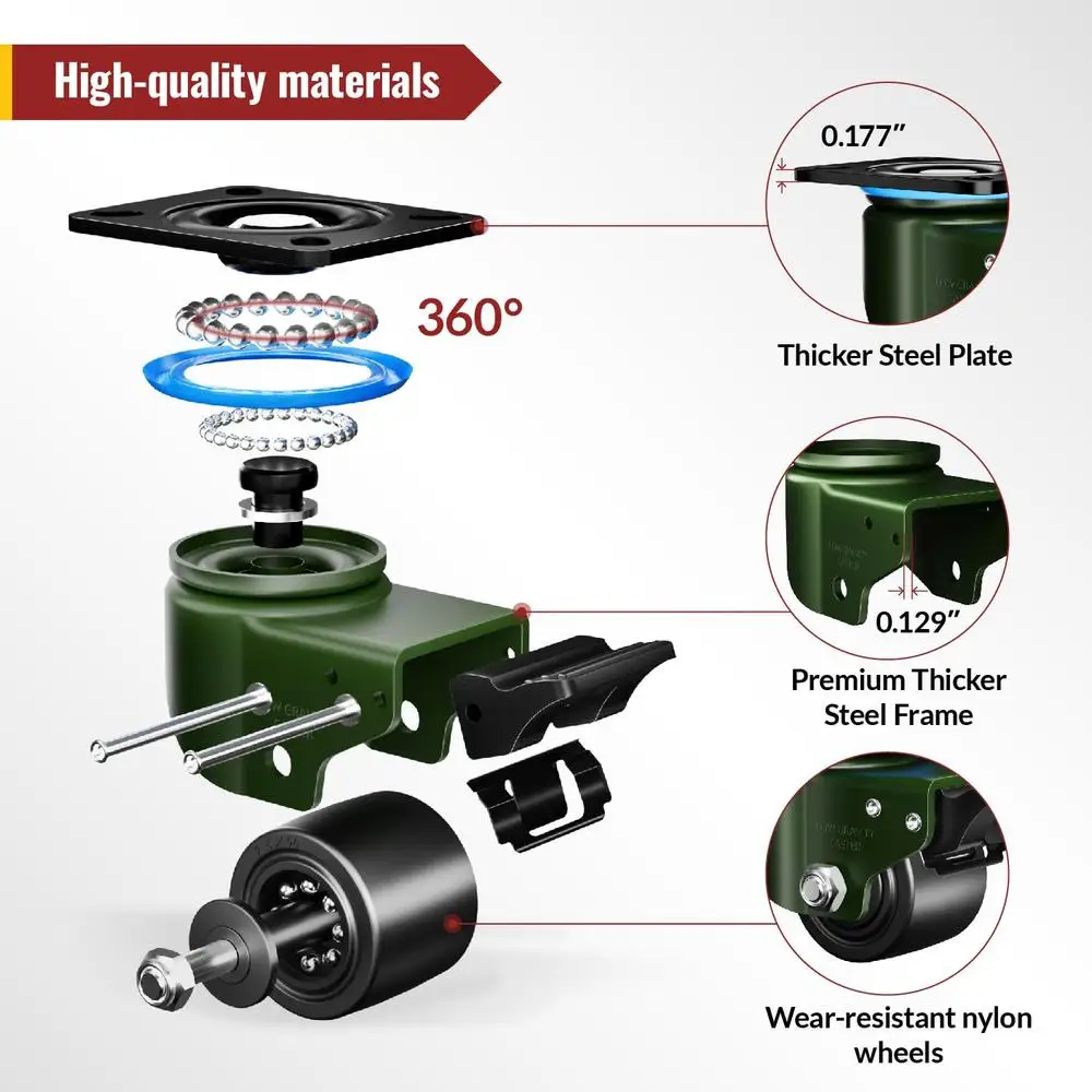 Industrial Caster Wheels 2.5" 3300lbs Load Capacity Plate Mount Heavy Duty Nylon Casters Equipment Machinery