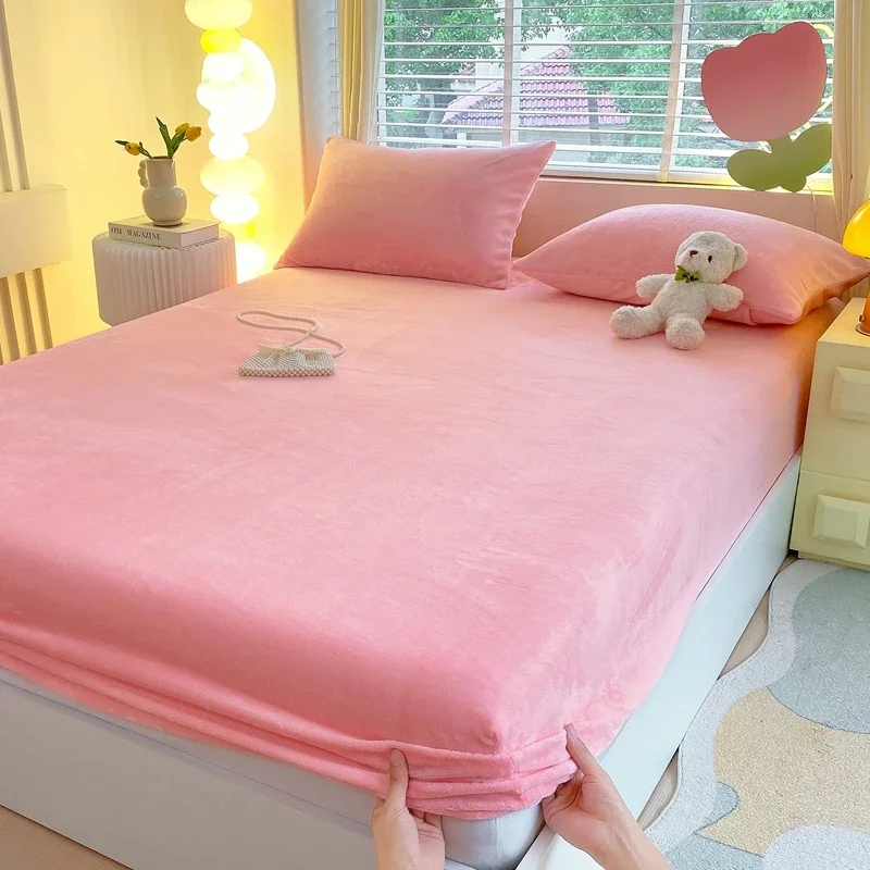 

New Simple Pure Color High Gram Heavy Milk Velvet Single Product Bed Thickened Warm Mattress Cover Autumn Winter with Elastic