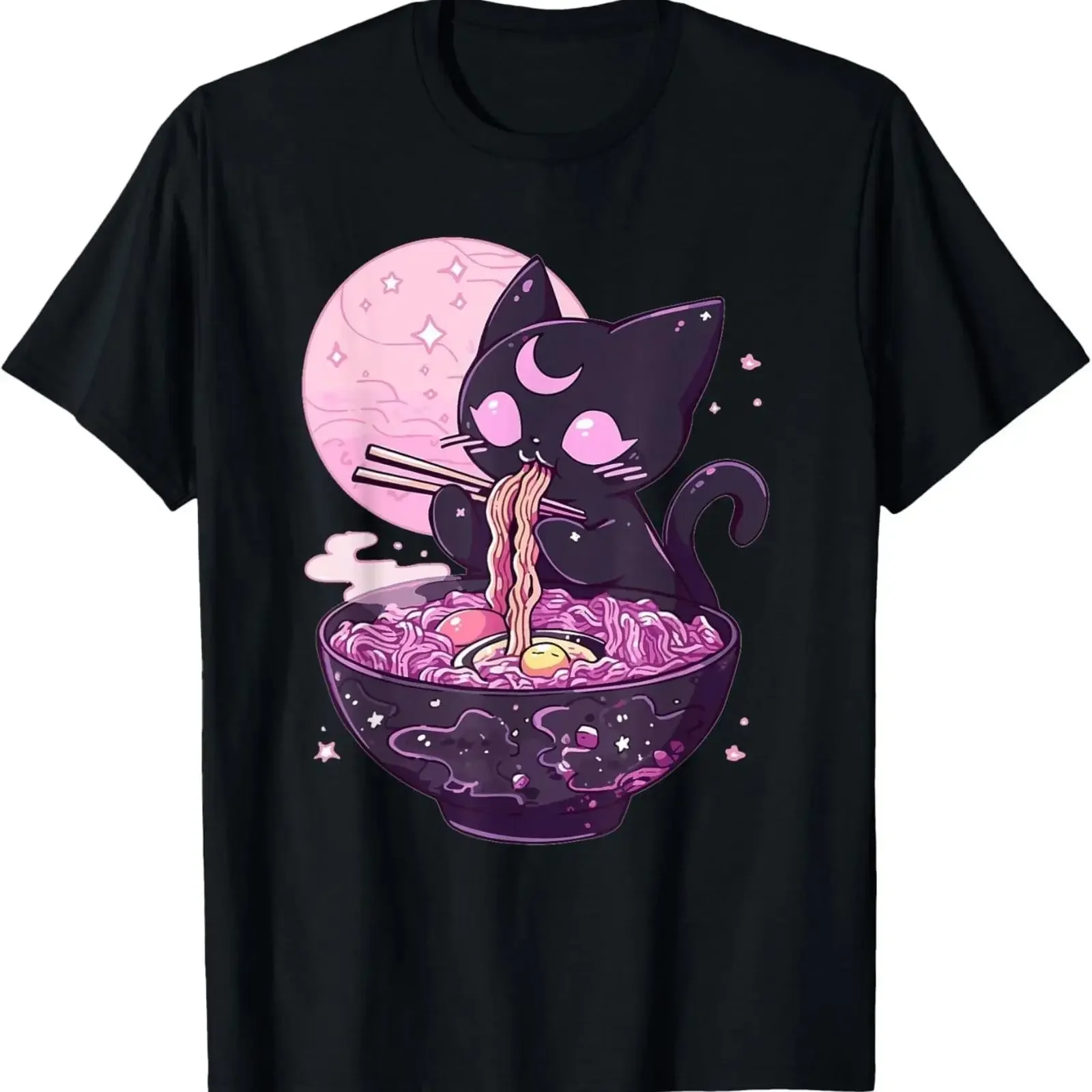 Camiseta Estética Pastel Goth Kawaii con Gato Comiendo Ramen Fideos, Estilo Vintage Lavado, Unisex, para Uso Diario, Streetwear