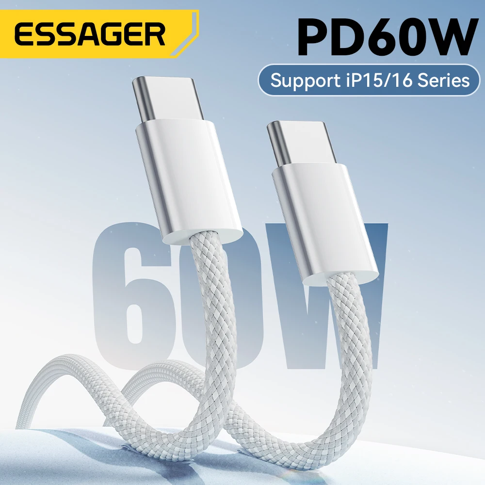 Essager نوع C إلى نوع C كابل آيفون 16 15 برو سامسونج S24 60 واط شحن سريع PD 3.0 USB C كابل ل MateBook 14 PD كابل