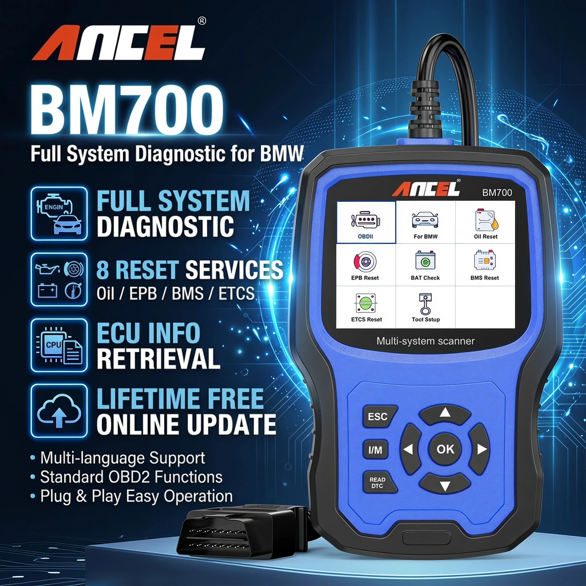 ANCEL BM700 OBD2 Automotive Scanner for BMW/MINI EPB SAS Airbag TPMS Oil Reset Injector Coding Car Diagnostic Tool Free Update