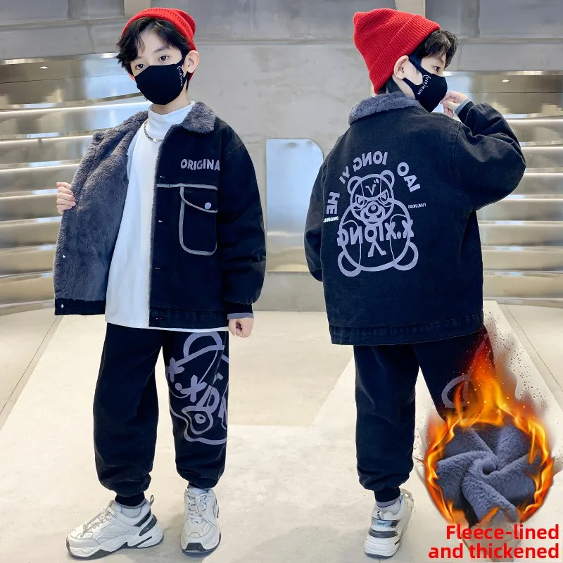 

Thiened Faux Rabbit Fur Collar Denim Set for Boys Trendy Faionable Kids Two-Piece Suit Pure Color Zipper Closure Polyeste...