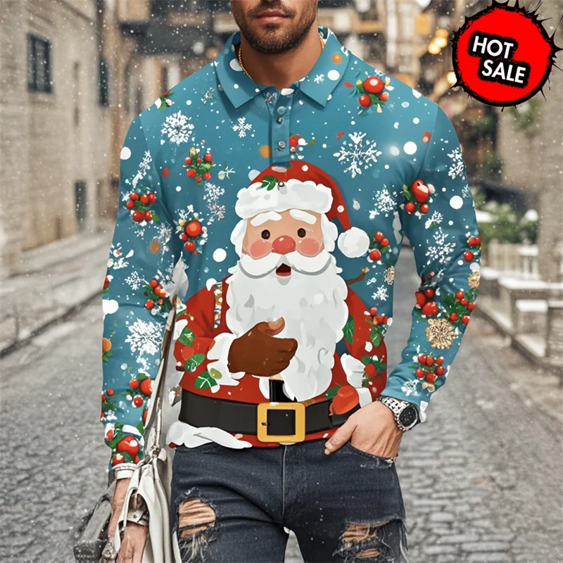 

Men's Christmas Theme Long Sleeve Polo Shirts 3D Printed Santa Clause Graphic Button Lapel Tops Fashion Cartoon Pattern Pullover