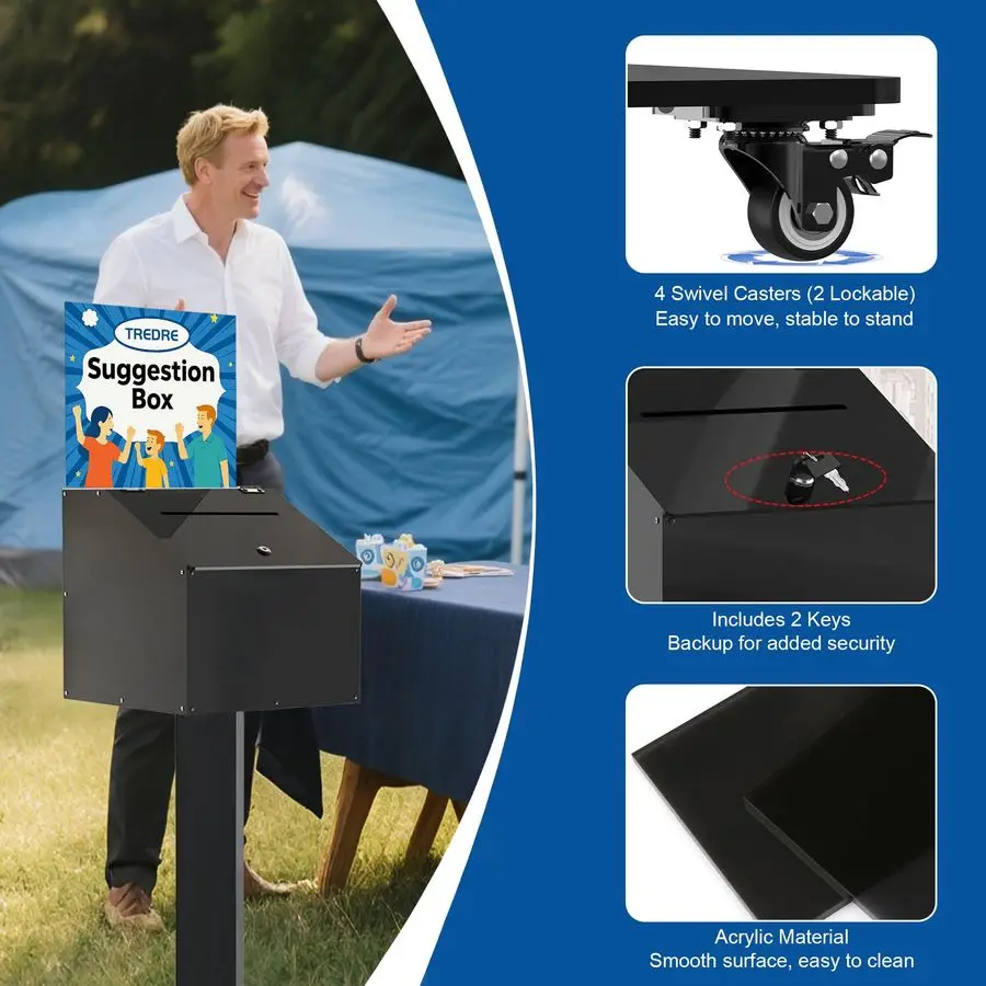 صندوق اقتراحات أكريليك كبير مع قفل 39.6 13.8 13.8، صندوق تبرع قائم على الأرض مع حامل لافتة، صندوق الاقتراع للتصويت، شار