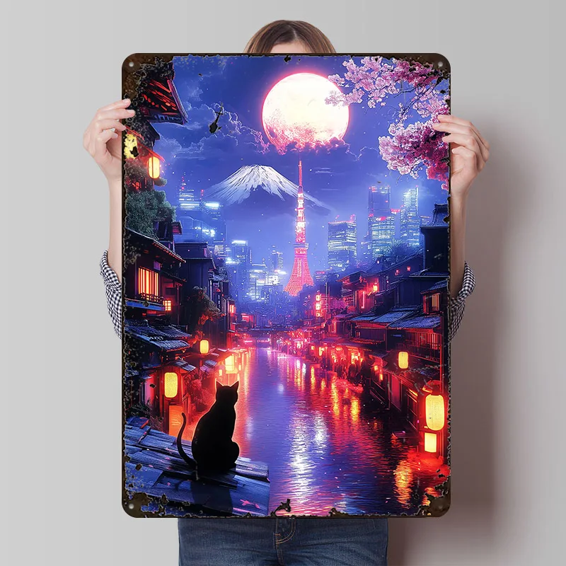 Affiches imprimées de tranquilité de nuit de Tokyo, Art mural personnalisable rétro Vintage, signes en étain en métal pour décorations de chambre à coucher de maison