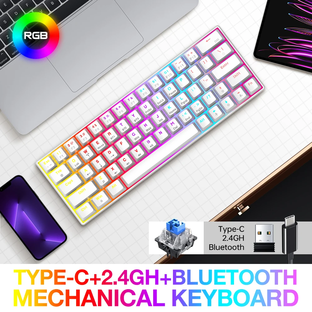 T-WOLF T30 Tri-Mode Mechanical Keyboard 63 Keys Blue Switch RGB Backlit Wireless Bluetooth 2.4G Wired for PC Laptop