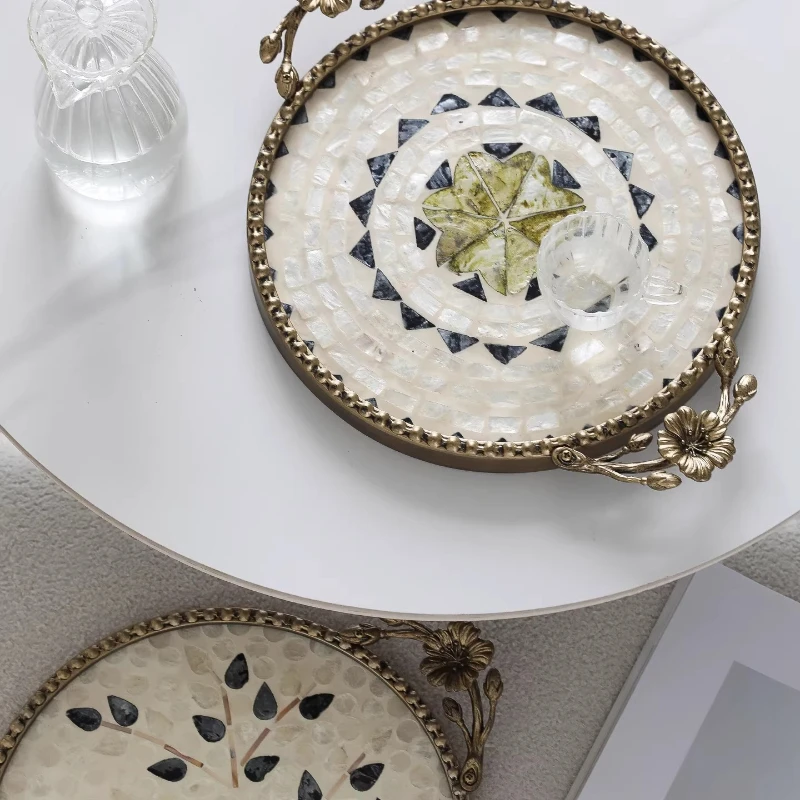 Chinese Retro Style Decorative Tray with Shell Inlay Luxury Handmade Floral Seashell Jewelry Catchall,Versatile Vanity Entryway