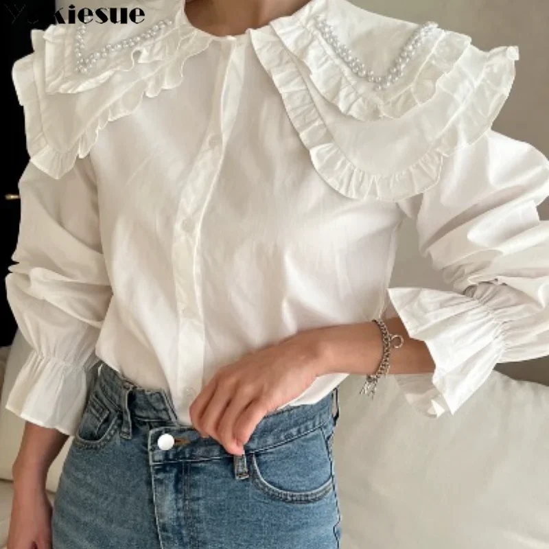 

Spring Summer Frill Shirt 2023 Big Peter Pan Collar Ruffle Women Blouse Long Sleeve Cotton Casual Tops Female Loose Design sense