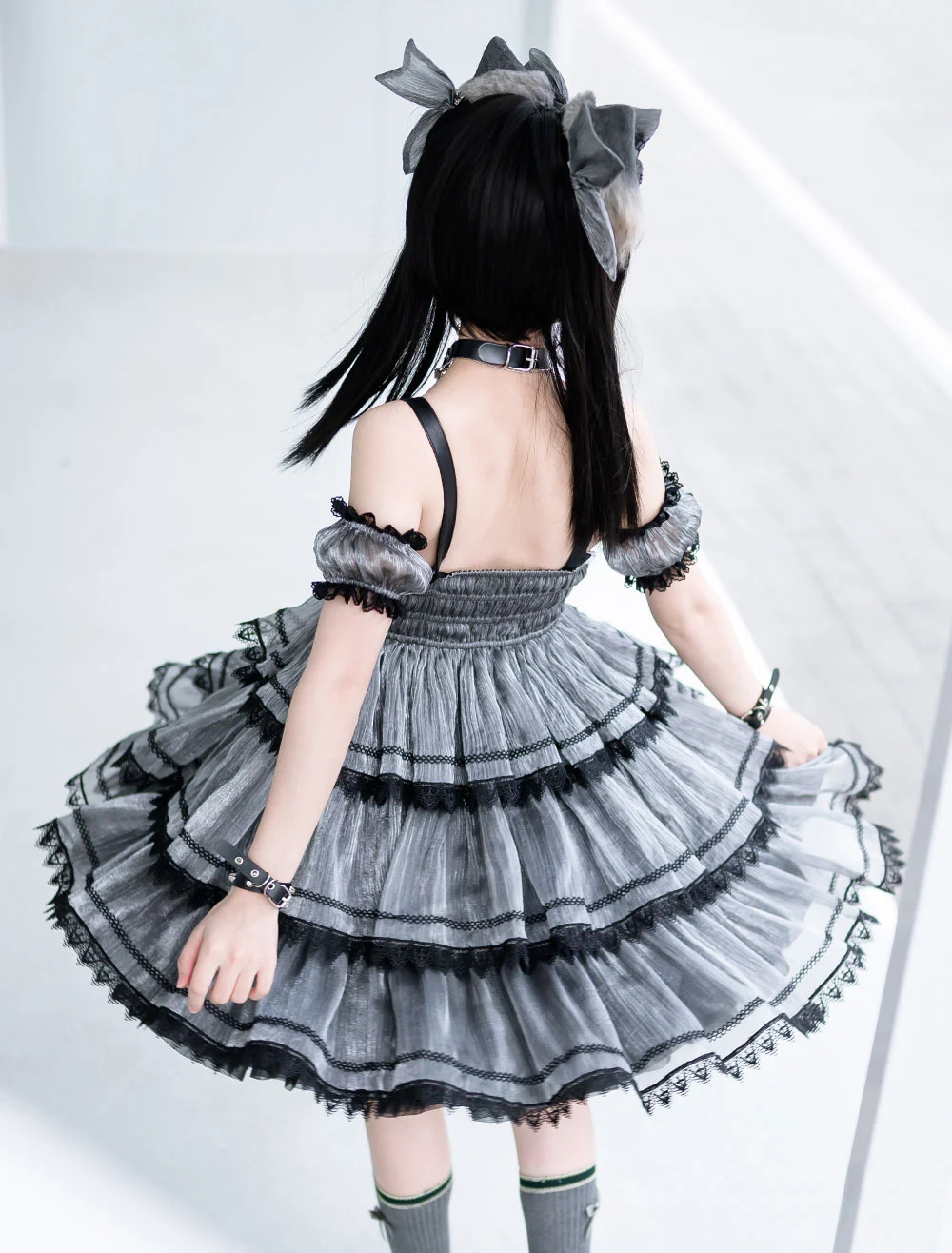 Sweet Lolita JSK Dress Grey Black Sleeveless Dark Lolita Jumper Skirt