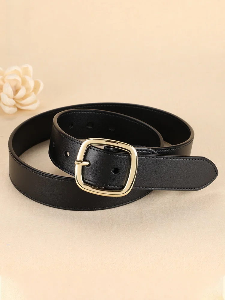 幅広の本革ベルト-レディース-シンプル-ブラック-韓国風-ゴールドピンバックル-ウエストベルト-ジーンズやドレスに合う-トレンドのコート用ウエストベルト
