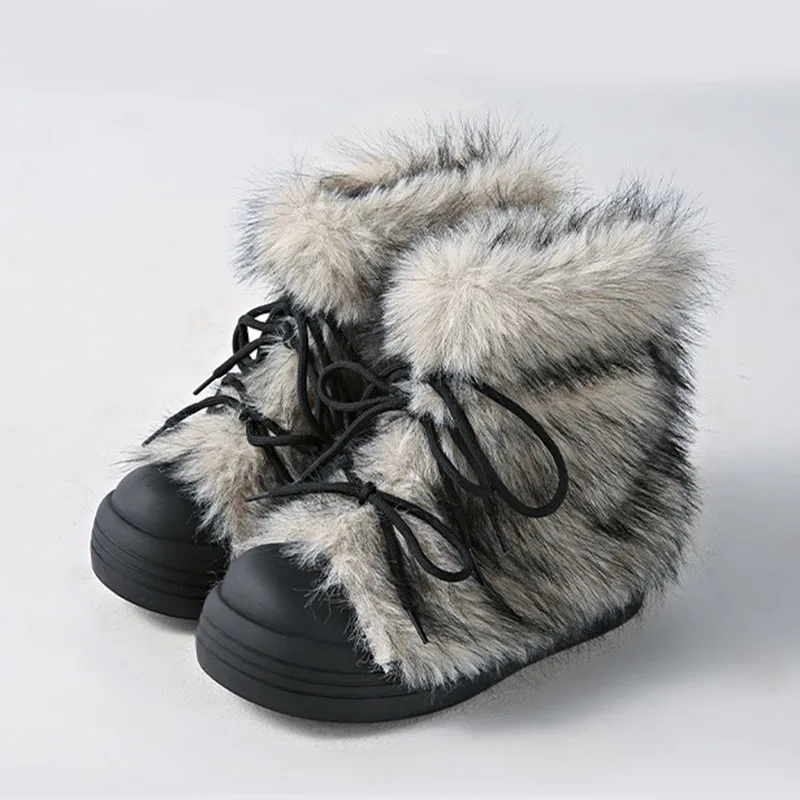 

Retro Furry Ankle Boots for Women 2025 Winter New Fashionable Warm Thick Bottom Heightening Snow Boot Plush Lace-up Cotton Shoes