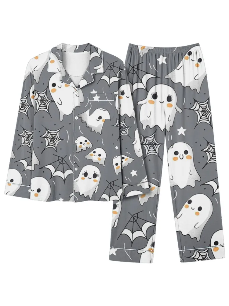 

Pajamas Suit For Female's Halloween Ghost Printing Festival Dress Up Two Piece Set Casual Loose Comfortable Tops Long Pantslones