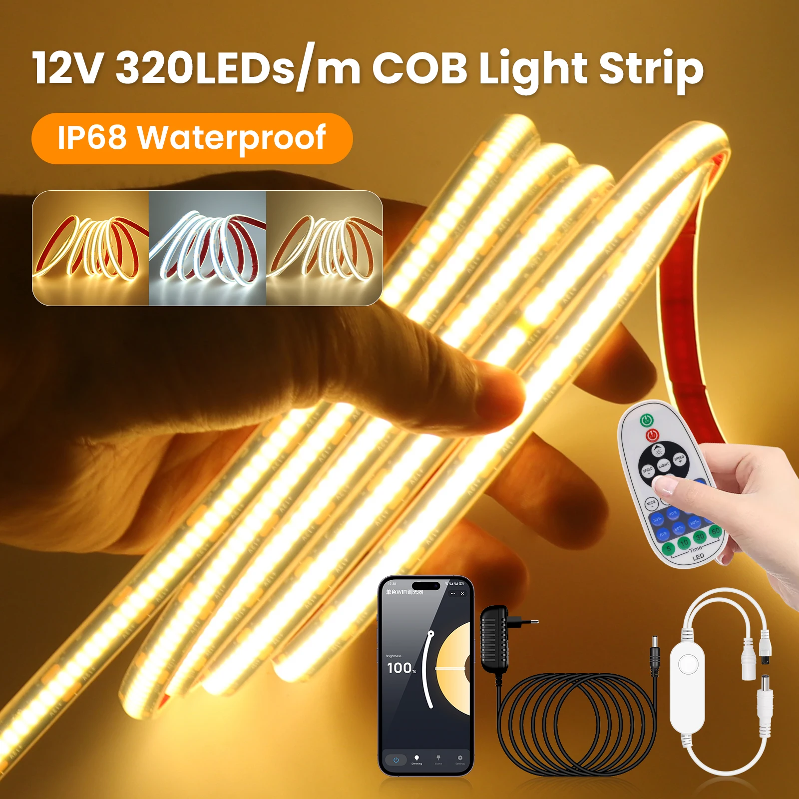 Image of WLAN 23-Tasten-Fernbedienung DC12V 24V COB LED Neon-Lichtstreifen mit EU UK US AU Stecker 3000K 4000K 6000K Wasserdichtes Flexband 320LED 0,5m 9m