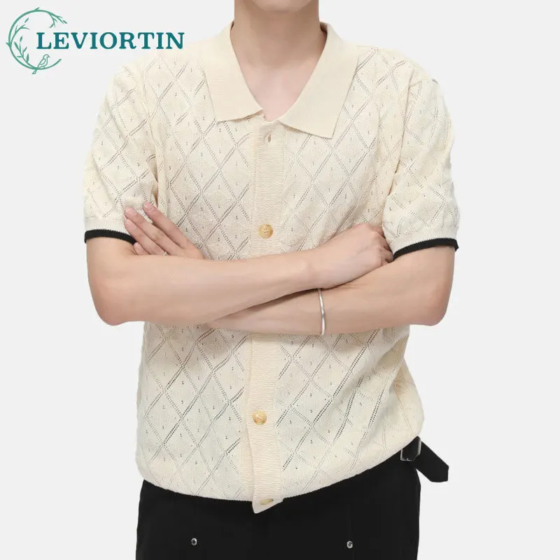 

Men's Summer Youth Trendy High End Color Contrast Hollow POLO Collar Versatile Trendy Knitted Button Open Shirt Short Sleeve