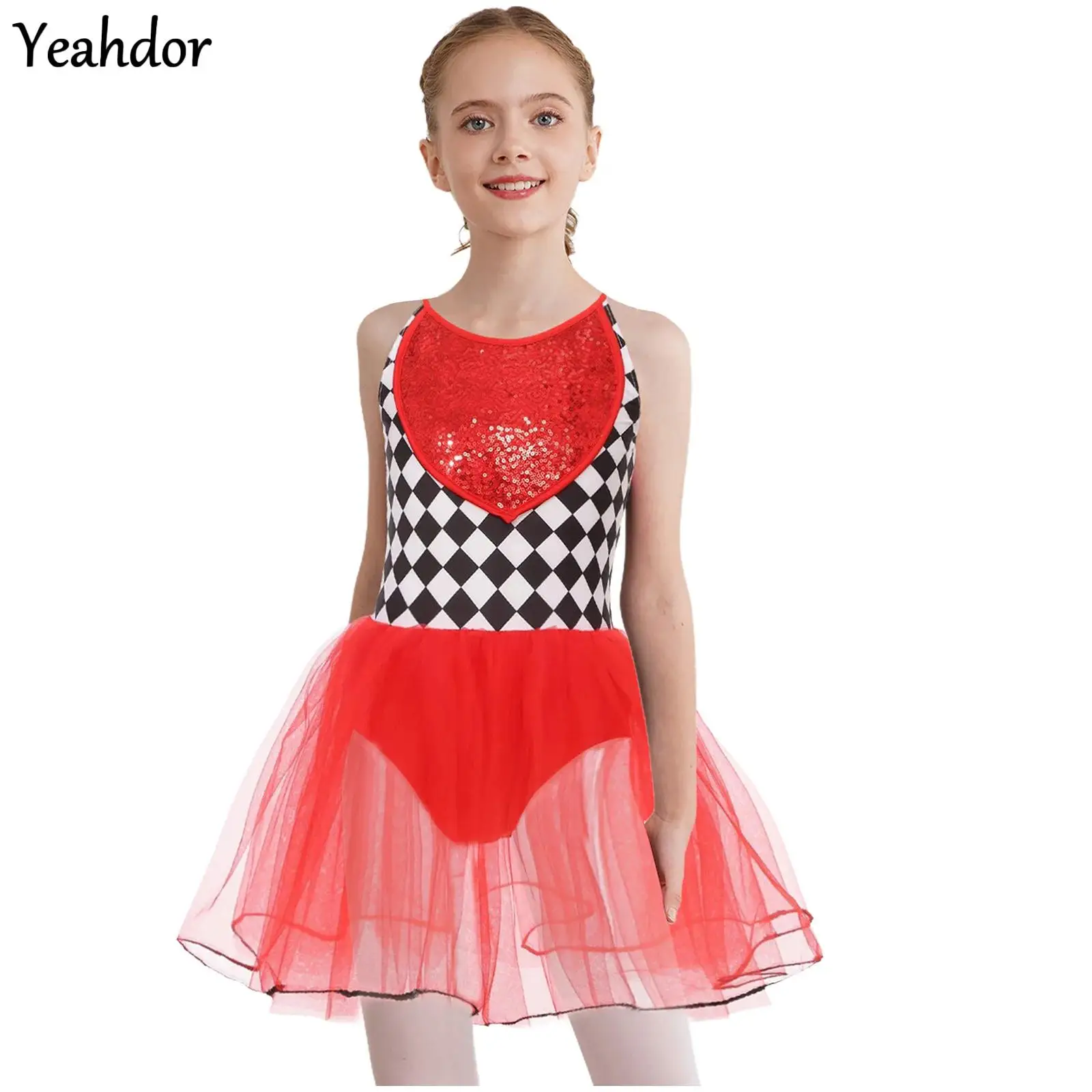

Teen Girls Halloween Role Play Ringmaster Dress Movie Character Cosplay Costume Sequin Cami Dress Checkerboard Ballet Tutu Dress