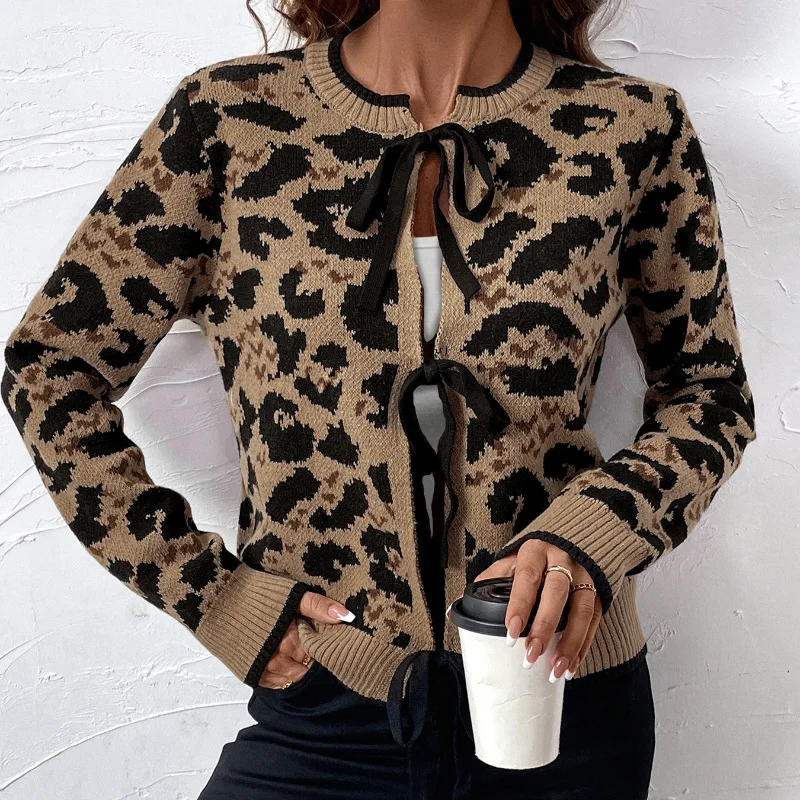 Maglione lavorato a maglia casual con papillon con stampa leopardata da donna elegante Maglione cardigan girocollo a maniche lunghe moda autunno e inverno