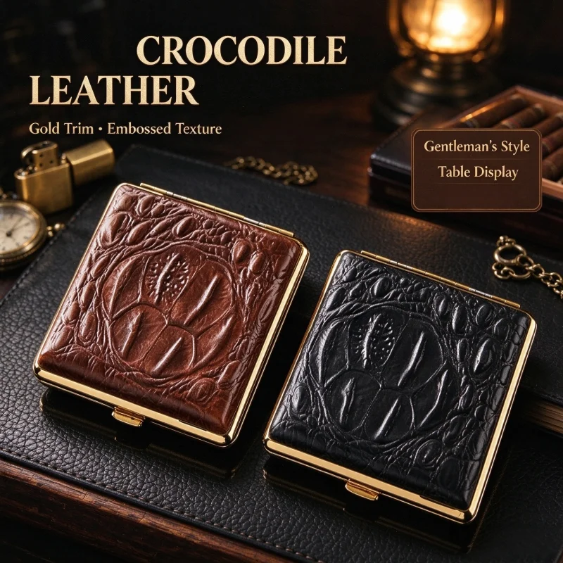 Premium Cowhide Cigarette Storage Case Crocodile Texture Moisture & Crush Resistant Portable Holder Fit Thick & Thin Cigarettes